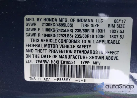 2017 Honda Cr-V Ex-L/Ex-L Navi from USA, damaged, VIN 7FARW1H8XHE018531